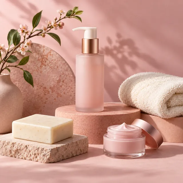 Skincare and personal care essentials in a pink setting