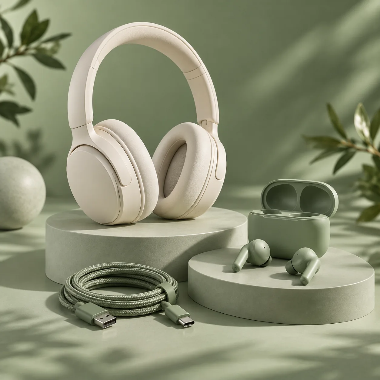 Cream headphones, earbuds and a charging cable in a botanical green setting